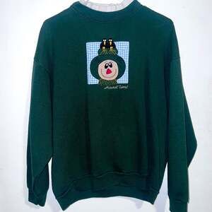 VTG 90s Green Sweatshirt w/ Harvest Time! Scarecrow Embroidery Pen & Stitch Work